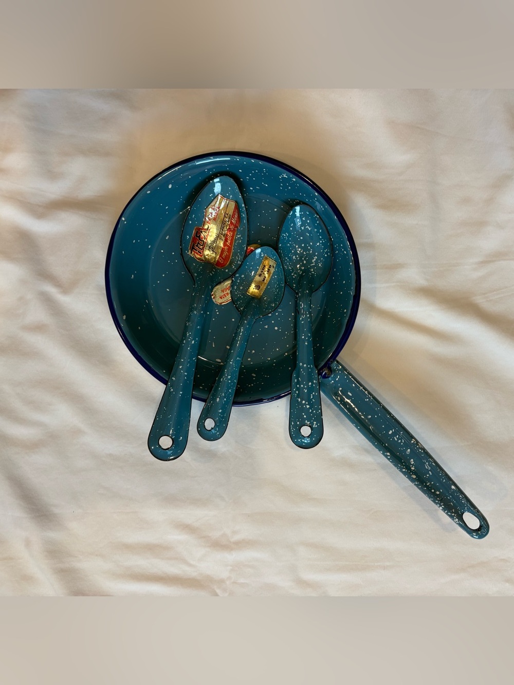 Vtg NEW Troqueles Mexico Turquoise 7 1/4” Skillet & 3 Matching Spoons Enamelware